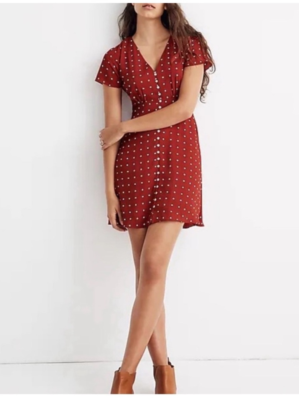 Madewell Red Polka Dot Button-Front Mini  Swing Dress in Grid Dot Size 4